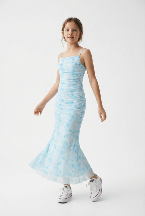 Rückansicht des blauen Fiorella Maxikleids für Mädchen