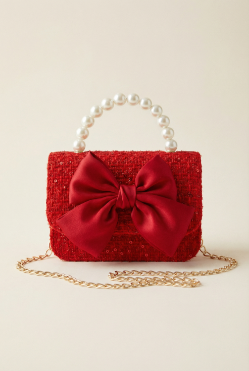 Kindertasche, rote Mädchentasche, Perlengriff, Schleife, Accessoire für Mädchen, Festliche Kindertasche, Prinzessin Tasche, Hochzeitsaccessoire für Kinder, Mädchentasche Österreich