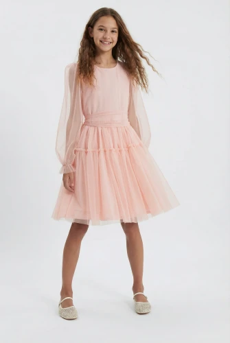 Mädchenkleid Holly in Apricot Rosa – Festliches Tüllkleid mit langen Ärmeln