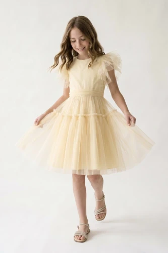 Tüllkleid Paola in Buttergelb – festliches Mädchenkleid mit Federn