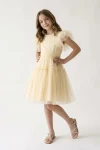 festliches mädchenkleid paola, tüllkleid mit federn, kinderkleid gelb