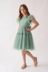 festliches mädchenkleid paola, tüllkleid mit federn, kinderkleid mintgrün