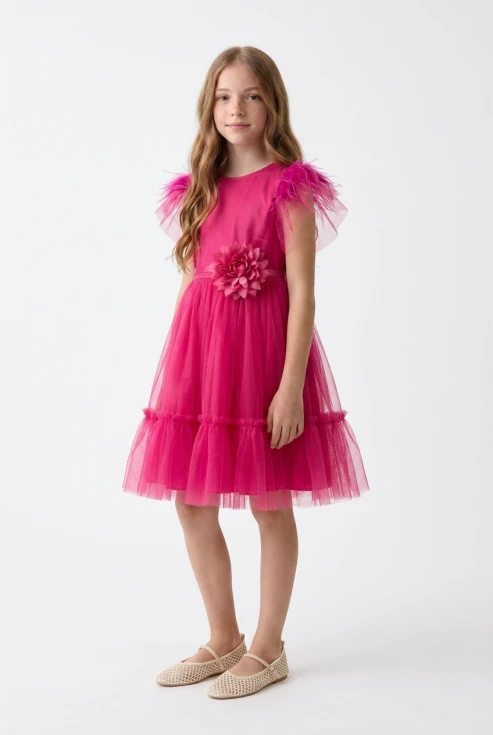 tüllkleid mädchen dunkelrosa, festliches kinderkleid, blumenmädchenkleid