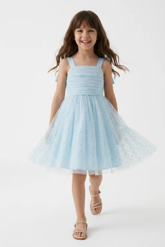 Rina – hellblaues Festkleid für Mädchen mit Glitzertüll und Schleifen