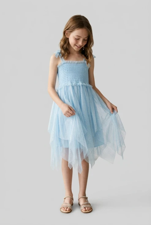 hellblaues mädchenkleid, glitzertüll festkleid, blumenmädchenkleid hochzeit