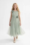 mädchenkleid salbeigrün mit 3d-blüten, festkleid lang