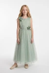 salbeigrünes festkleid mädchen, 3d-blumenapplikation