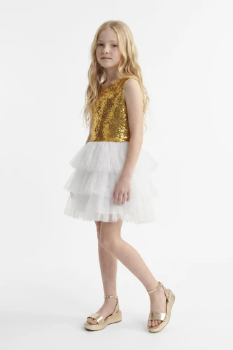 Festliches Paillettenkleid Riva für Mädchen in Weiß-Gold – dreilagiger Tüllrock, zu Weihnachten