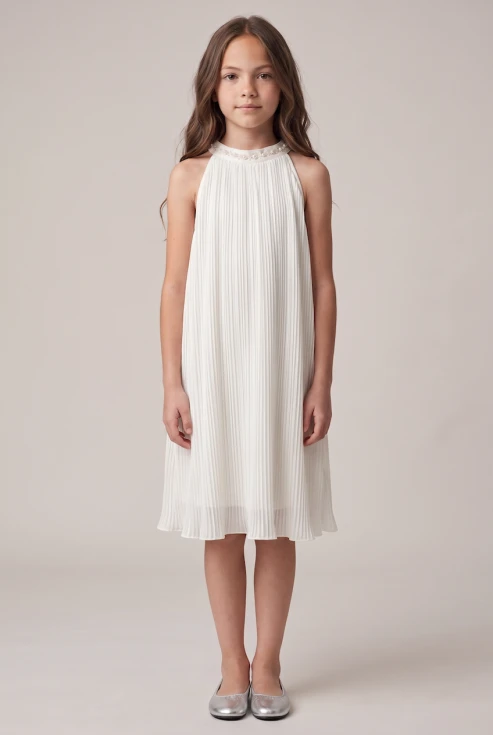 Plisseekleid Rozalia in Weiß für Mädchen – Neckholder mit Perlen – Vorderansicht, ganze Figur