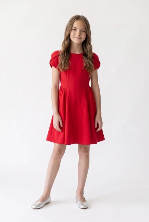 Festliches Kleid Rumi in Rot für Mädchen – Tulpenärmel – Vorderansicht, ganze Figur