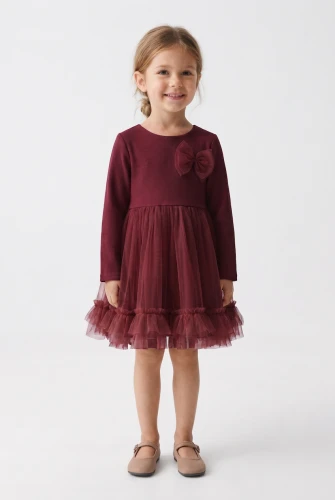 Festliches Tüllkleid Iga für Mädchen in Bordeaux – lange Ärmel und Rüschen, zu Weihnachten