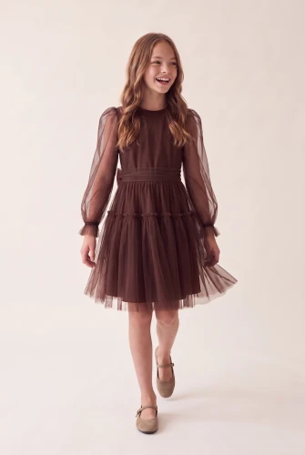 Festliches Langarmkleid Holly für Mädchen in Schokobraun – Tüllärmel, zu Weihnachten und Familienfeiern
